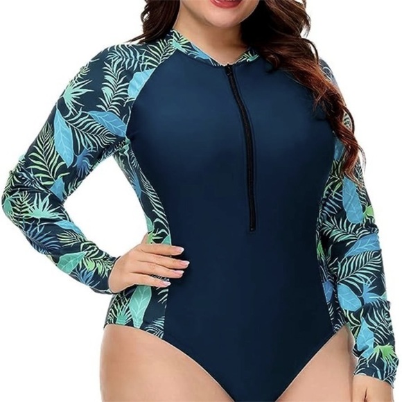 HANNA NIKOLE Plus Size One-Piece Rash Guard Swimsuit Long Sleeve Colorblock Blue - Picture 2 of 12